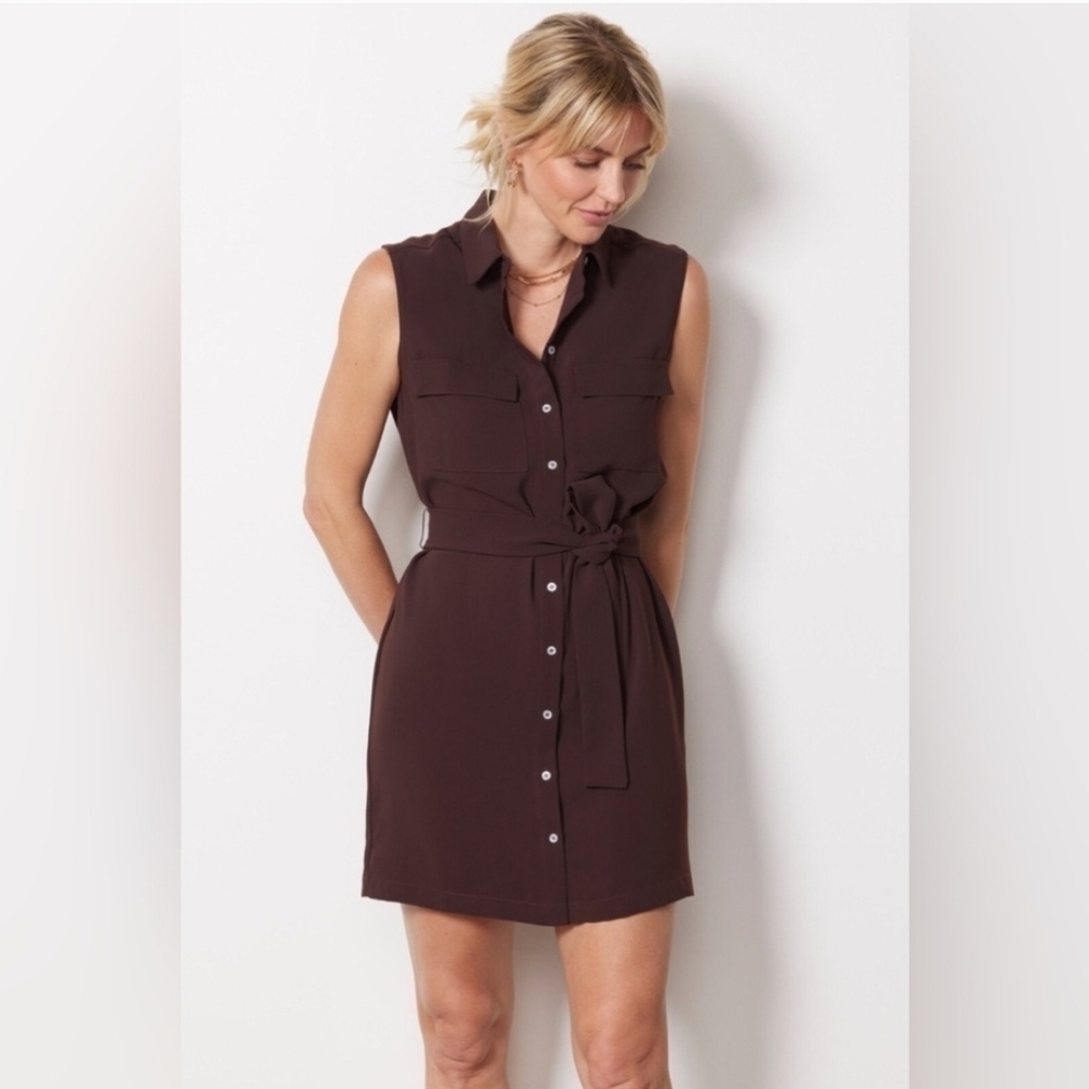 Amanda Uprichard Mini Belted Collared Sleeveless Shirt Dress In Cocoa Small